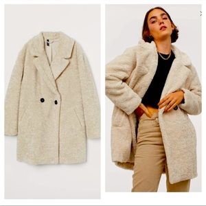 Double-breasted coat in soft faux fur stone color